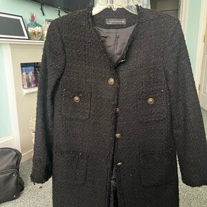 Zara Black Bouclé Coat with Gold Accents
